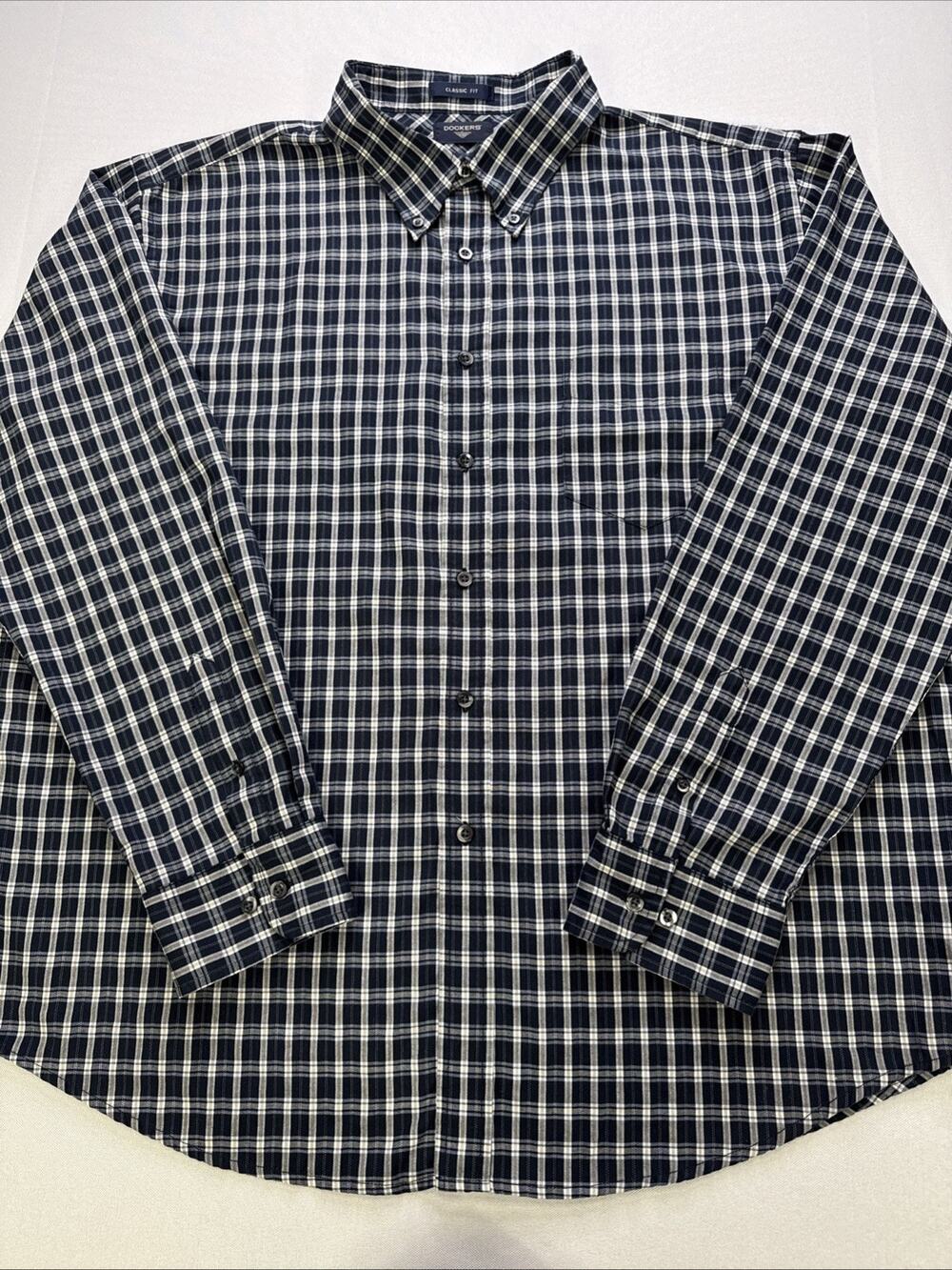 Vintage Dockers Classic Fit XXL Blue Plaid Button Down Shirt No Wrinkles